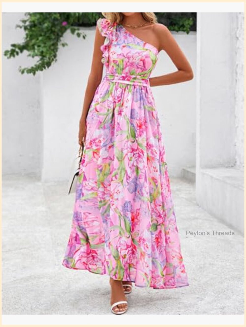 One Shoulder Floral Smocked Ruffle Maxi Dress with Pockets - Picture 2 of 7